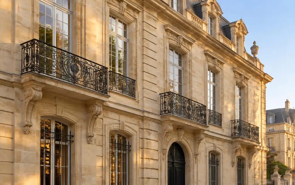 Façade d'immeuble en pierre avec balcons en fer forgé
